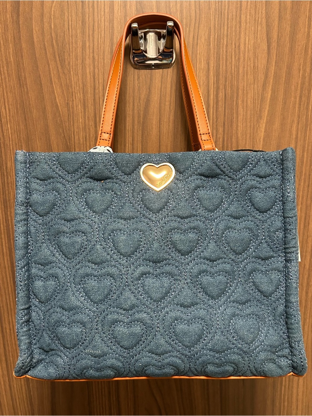 Betsey Johnson Blue Denim Quilted Heart Tote with Tan Handles